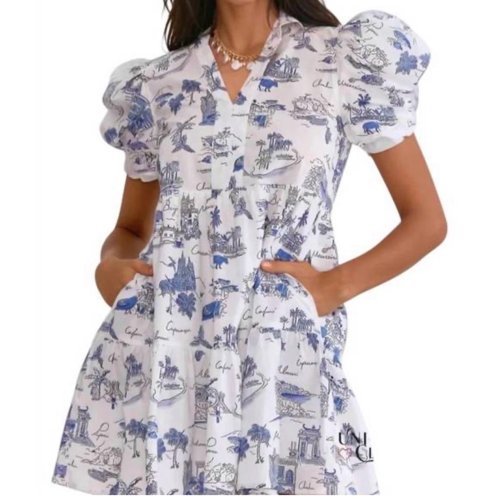 entro White Mini Dress with Blue Scenic Print and Puff Sleeves